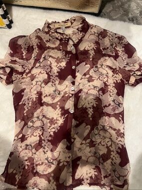 Sheer Floral Button-Up Blouse in Burgundy and Cream